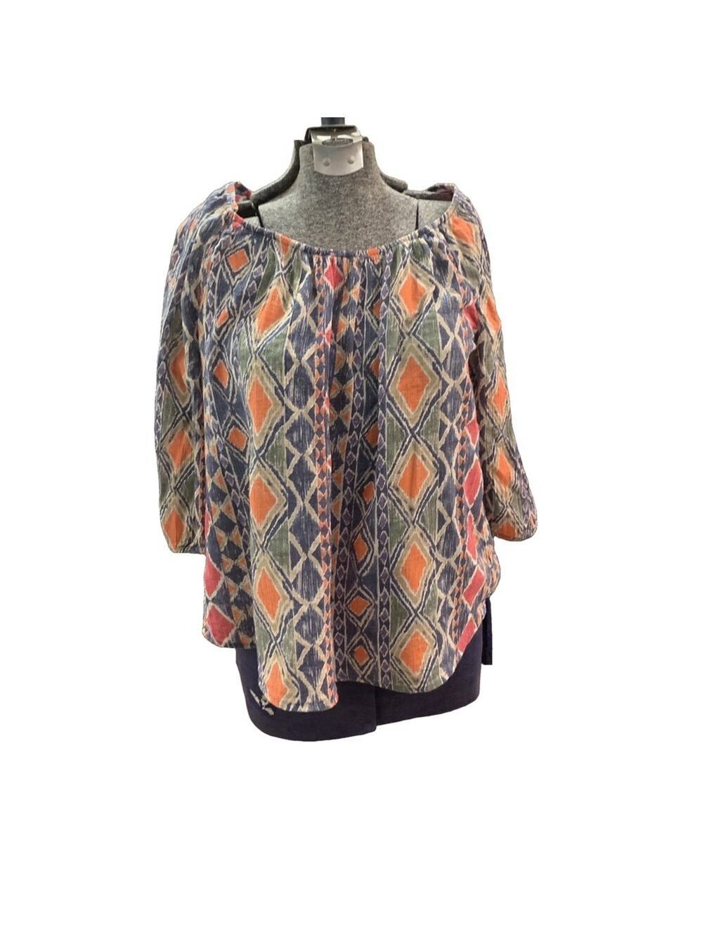 Chaps petite cotton peasant Blouse, Size L, Blue Multi